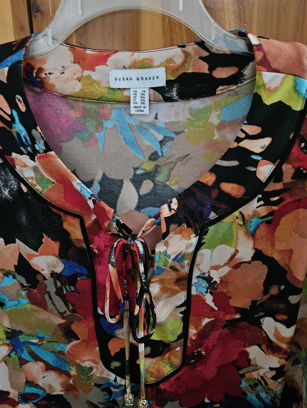 Susan Graver Black Multicolor Floral Tie-Neck Long Sleeve Top 2X - Picture 7 of 14